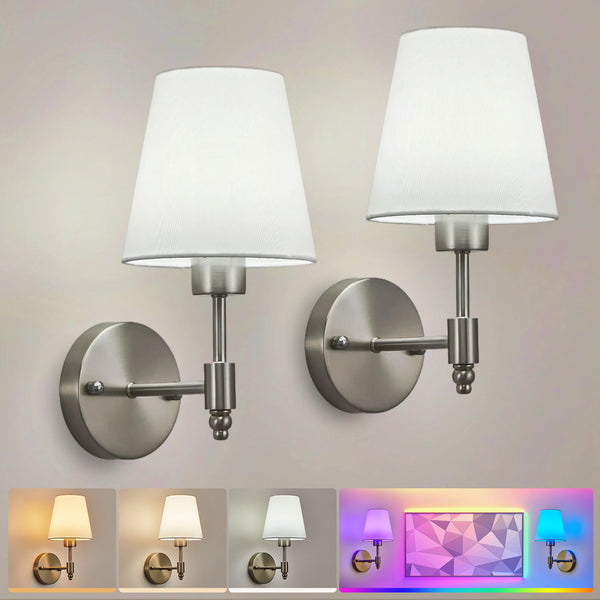 HARPER LIVING Set of 2 Battery Wall Lights, Fabric Lamps with Rechargeable Bulbs, Remote, 3 CCT & 9 RGB, Satin Nickel