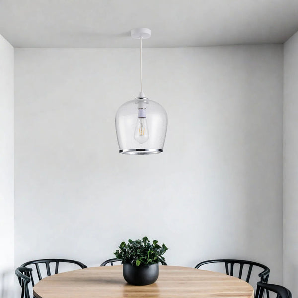 HARPER LIVING Easy Fit Pendant  Light Glass Shade with Bubbles, Polished Chrome Finish, E27/B22 Lamp Shade with Reducer Ring