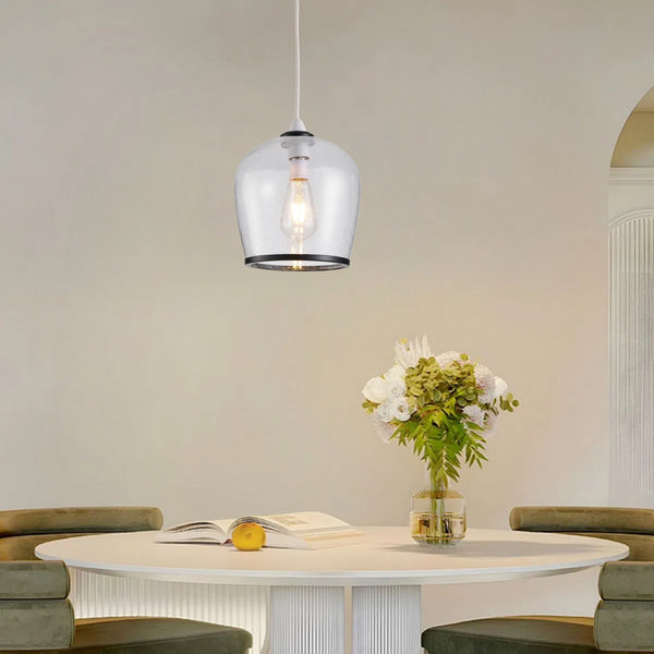 HARPER LIVING Easy Fit Pendant  Light Glass Shade with Bubbles, Matt Black Finish, E27/B22 Lamp Shade with Reducer Ring