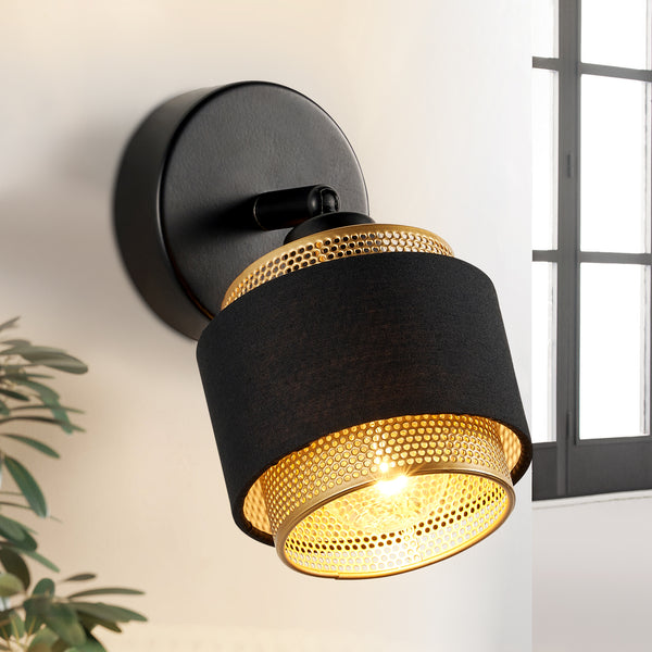 HARPER LIVING Black & Gold Wall Light, Modern Wall Lamp Indoor E14 Socket, Rotatable, Metal Mesh & Fabric Shade