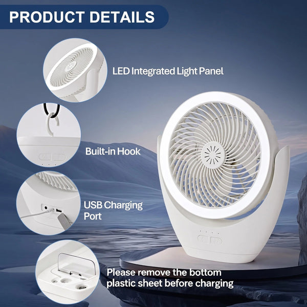HARPER LIVING Rechargeable Desk Fan, Portable USB Table Fan with LED Light, 3 Speeds Stepless Dimming, Adjustable