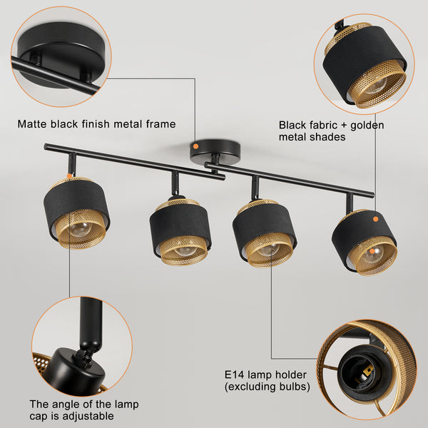 HARPER LIVING 4 Way Ceiling Spotlights, Black & Gold, 4xE14 40W Max, Rotation Heads, Metal Mesh & Fabric Shade