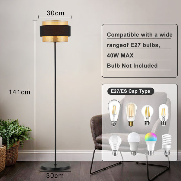 HARPER LIVING Black & Gold Floor Lamp, 40W E27 Standing Lamps for Living Room, Bedroom - Metal Mesh & Fabric Shade