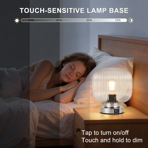 HARPER LIVING Table Lamp with USB-C & USB-A Charging Ports, Touch Control Dimmable E27 Desk Lamp, Clear Glass Shade