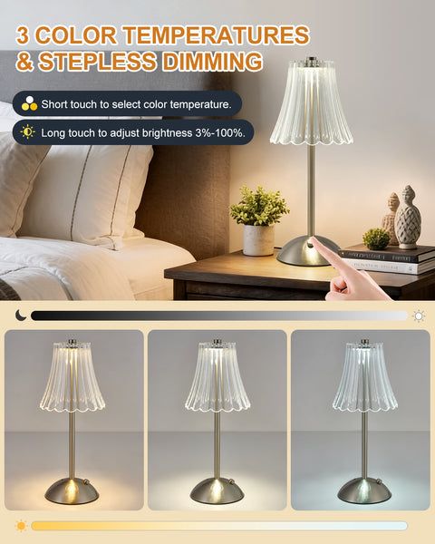 HARPER LIVING Rechargeable Table Lamp, Bedside Reading Light Satin Nickel Finish, Cordless Touch Lamps, Bedroom, Living Room