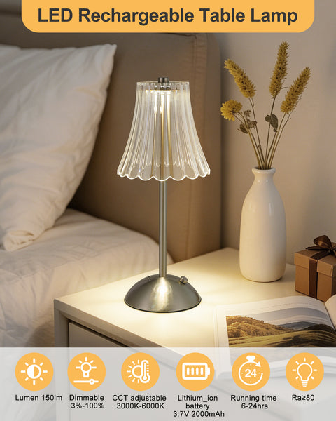 HARPER LIVING Rechargeable Table Lamp, Bedside Reading Light Satin Nickel Finish, Cordless Touch Lamps, Bedroom, Living Room