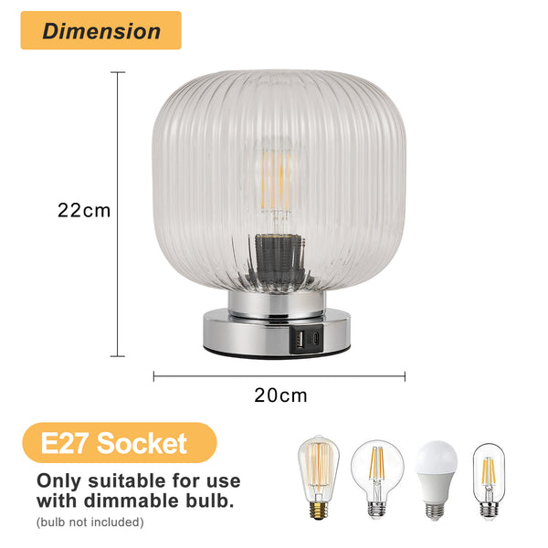 HARPER LIVING Table Lamp with USB-C & USB-A Charging Ports, Touch Control Dimmable E27 Desk Lamp, Clear Glass Shade