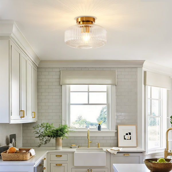 HARPER LIVING Ceiling Light Brass Finish, 27cm Vintage Ceiling Lamp with Textured Glass Shade, E27 Socket IP44 Flush Mount Lighting