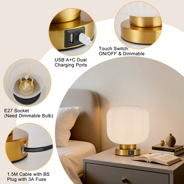 HARPER LIVING Table Lamp with USB-C & USB-A Charging Ports, Touch Control Dimmable E27 Desk Lamp, Cream Glass Shade