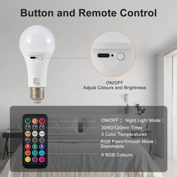 2x HARPER LIVING Rechargeable Light Bulb with Remote, LED E27, Dimmable 9 Colours A60 RGB Lamp Bulbs 2000mAh Battery