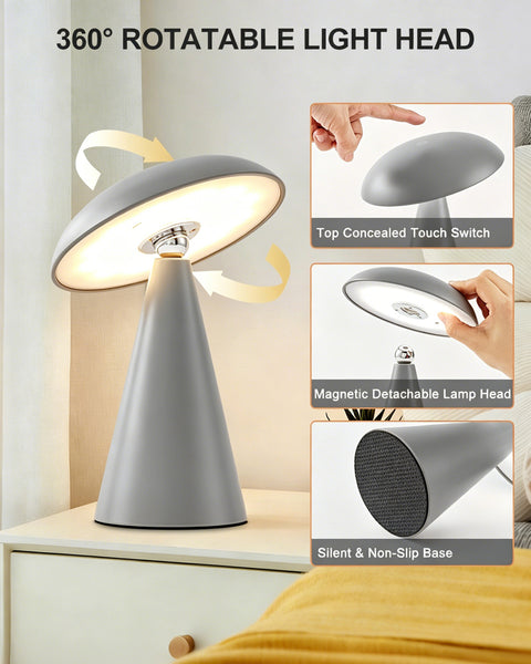 HARPER LIVING Rechargeable Table Lamp, Magnetic Touch Mushroom Bedside Light Dimmable, Portable Desk Lamp, Matt Light Grey