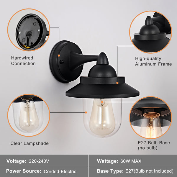 HARPER LIVING Outdoor Wall Light, E27 Outside Wall Lamp Mains Powered with Clear Shade, IP54 Weatherproof Aluminium, Retro Exterior light