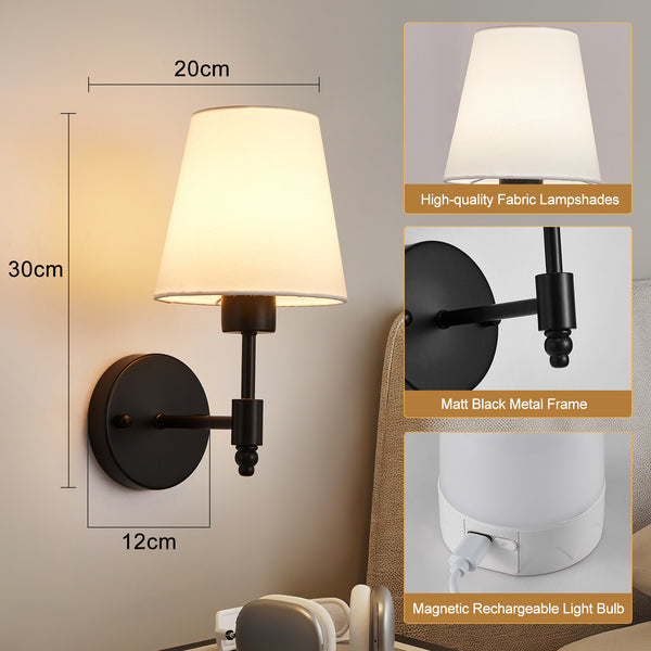 HARPER LIVING Set of 2 Battery Wall Lights, Fabric Lamps with Rechargeable Bulbs, Remote, 3 CCT & 9 RGB Dimmable Black