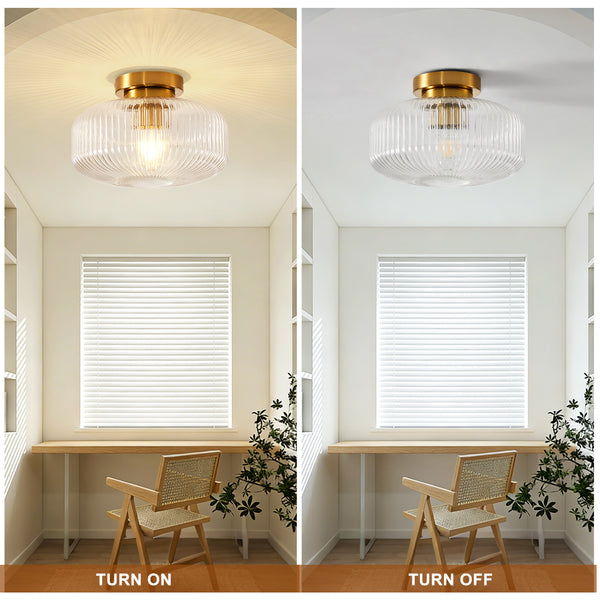 HARPER LIVING Ceiling Light Brass Finish, 27cm Vintage Ceiling Lamp with Textured Glass Shade, E27 Socket IP44 Flush Mount Lighting