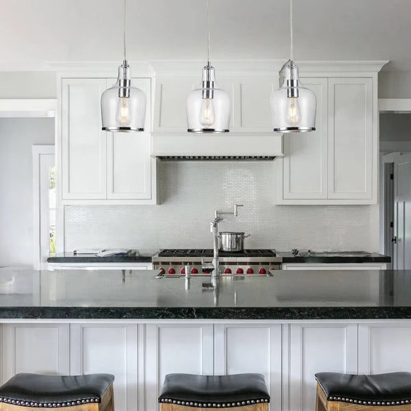 HARPER LIVING 3-Light Pendant Ceiling Light, Modern Polished Chrome Island Ceiling Light with Bubbles Glass Shades