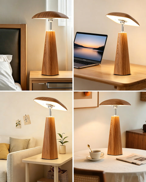 HARPER LIVING Rechargeable Table Lamp, Magnetic Touch Mushroom Bedside Light Dimmable, Portable Desk Lamp, Wood Colour