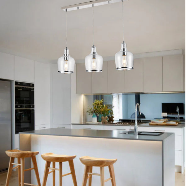 HARPER LIVING 3-Light Pendant Ceiling Light, Modern Polished Chrome Island Ceiling Light with Bubbles Glass Shades