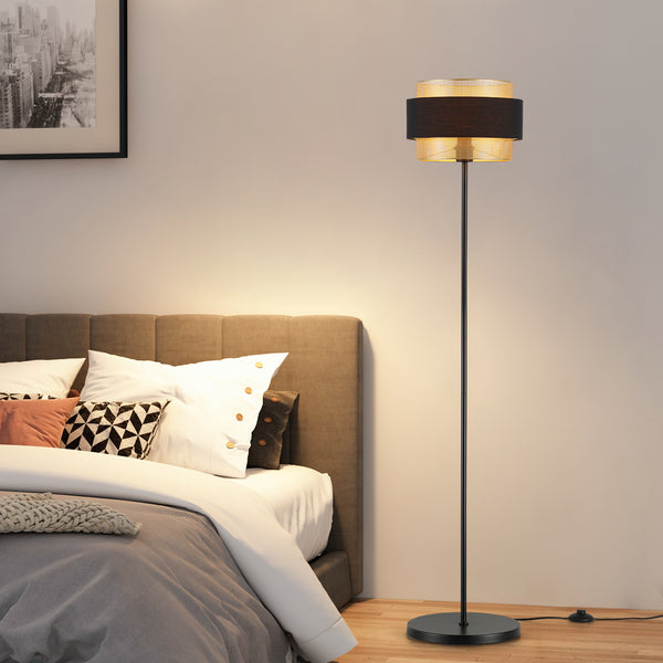 HARPER LIVING Black & Gold Floor Lamp, 40W E27 Standing Lamps for Living Room, Bedroom - Metal Mesh & Fabric Shade