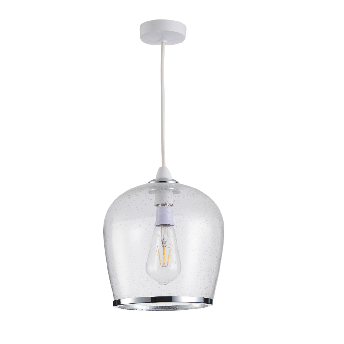 HARPER LIVING Easy Fit Pendant  Light Glass Shade with Bubbles, Polished Chrome Finish, E27/B22 Lamp Shade with Reducer Ring