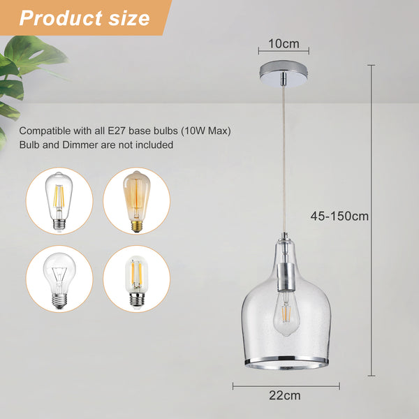 Pendant Ceiling Light, Chrome Glass Pendant Lamp with Bubbles Glass Shade, Adjustable