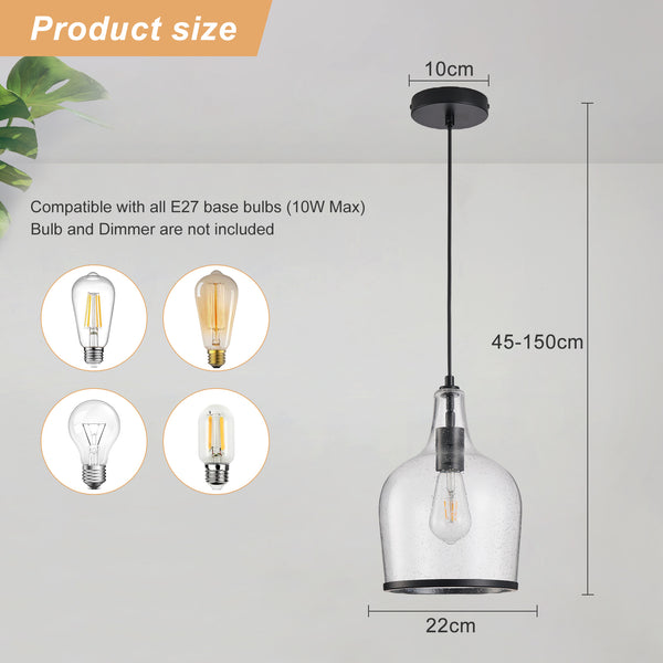 HARPER LIVING Pendant Ceiling Light, Matt Black Glass Pendant Lamp with Bubbles Glass Shade, Adjustable Drop (45-150cm)