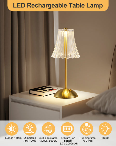 HARPER LIVING Rechargeable Table Lamp, Bedside Reading Light Polished Gold Finish, Cordless Touch Lamps, Bedroom, Living Room