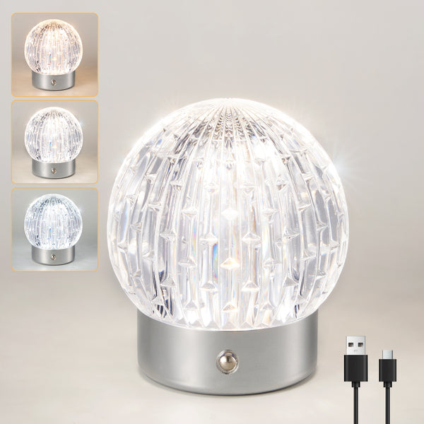 HARPER LIVING Rechargeable Table Lamp, Small Battery Operated Desk Lamp, Globe Shade, Chrome Finish