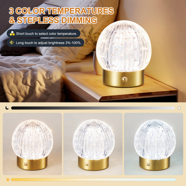 HARPER LIVING Rechargeable Table Lamp, Small Battery Operated Desk Lamp, Globe Shade, Gold Finish