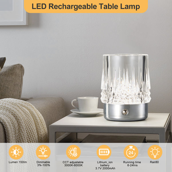 HARPER LIVING Rechargeable Table Lamp, Small Battery Operated Desk Lamp, Cylindrical Shade, Chrome Finish