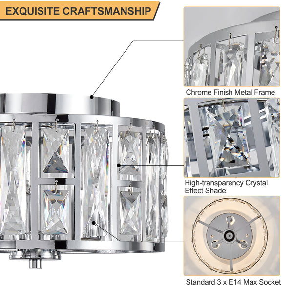 HARPER LIVING 3-Light Flush Ceiling Lights, Crystal Ceiling Lamp Chrome Finish, 30cm Modern Chandelier Lighting