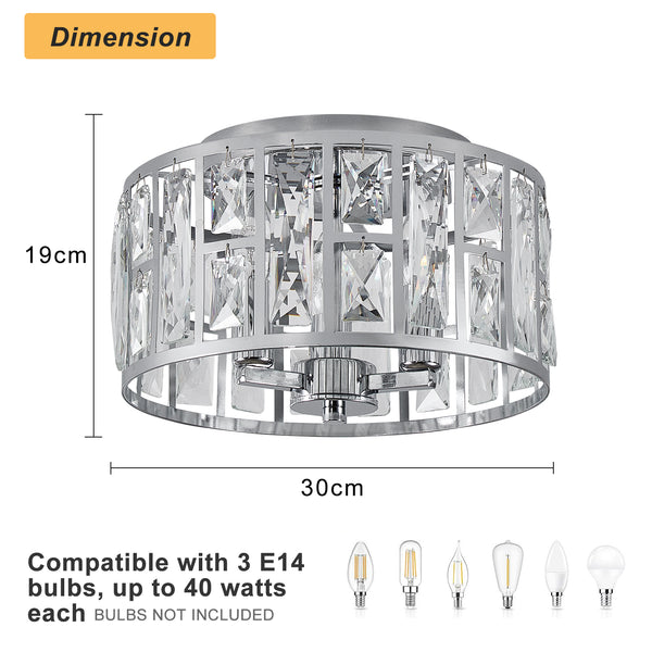 HARPER LIVING 3-Light Flush Ceiling Lights, Crystal Ceiling Lamp Chrome Finish, 30cm Modern Chandelier Lighting