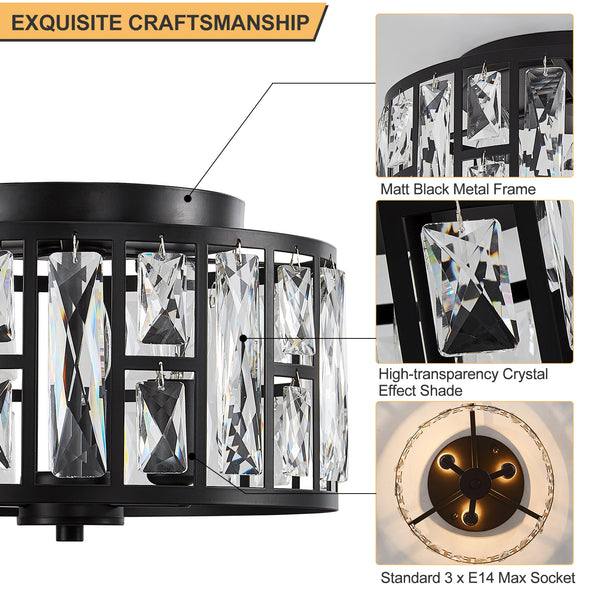 HARPER LIVING 3-Light Flush Ceiling Lights, Crystal Ceiling Lamp Matt Black Finish, 30cm Modern Chandelier Lighting