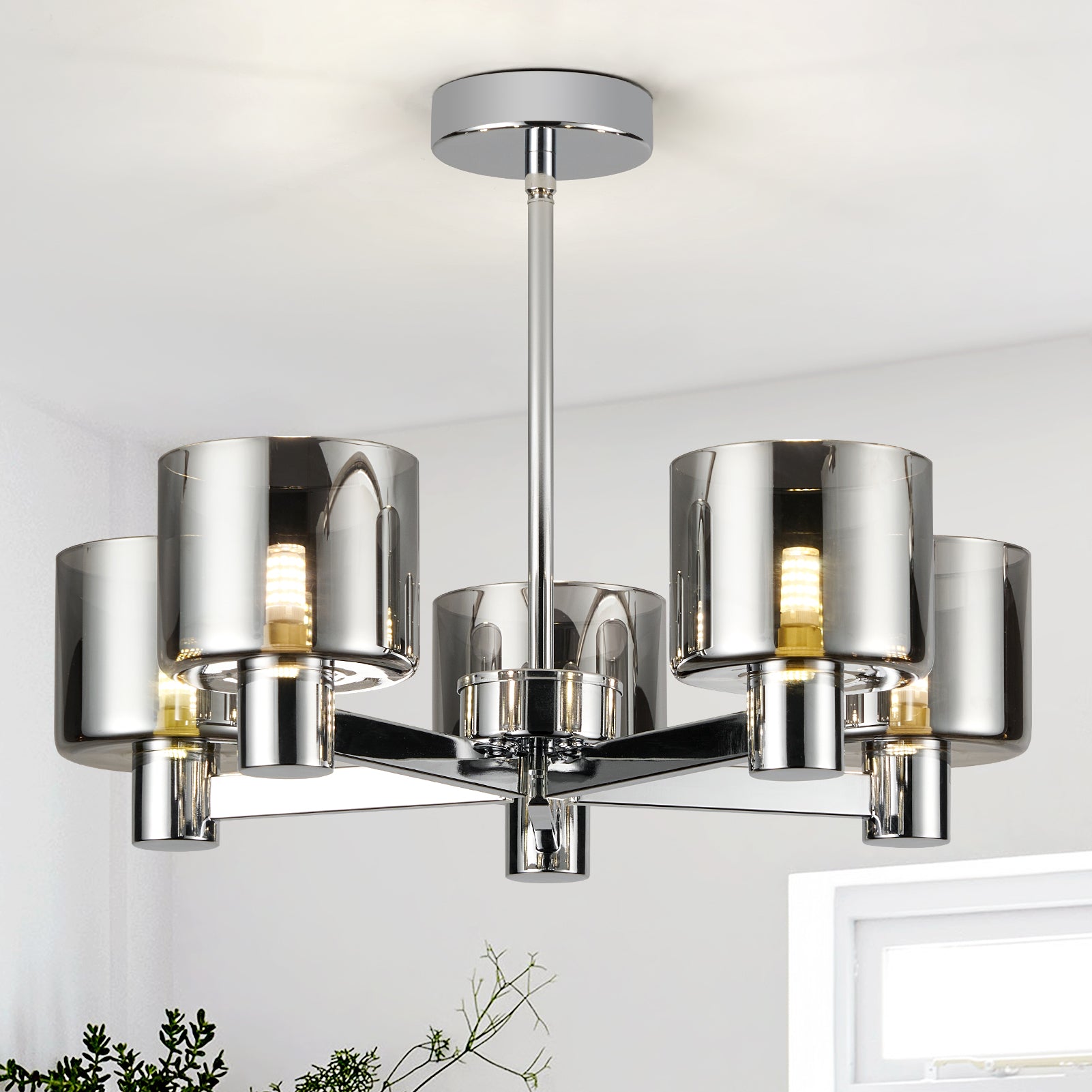 Modern 5 Lights Chandelier Ceiling Light, Chrome Semi Flush Ceiling Lamp with Smoked Glass Shades, 5xG9 Ceiling Lighting