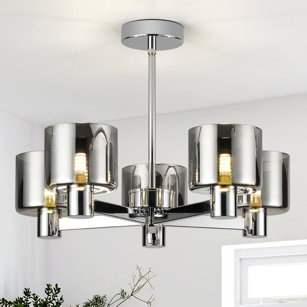Modern 5 Lights Chandelier Ceiling Light, Chrome Semi Flush Ceiling Lamp with Smoked Glass Shades, 5xG9 Ceiling Lighting