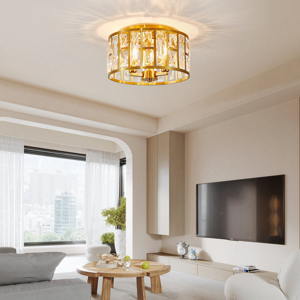 HARPER LIVING 3-Light Flush Ceiling Lights, Crystal Ceiling Lamp Brass Finish, 30cm Modern Chandelier Lighting