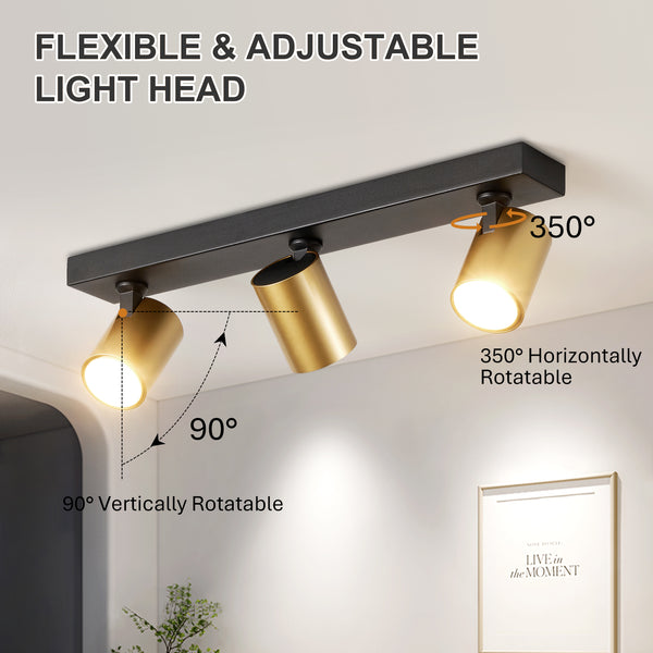 HARPER LIVING 3-Way Adjustable Ceiling Spotlights, GU10 Track Lighting Kit with Rotatable Heads, Matt Black & Gold