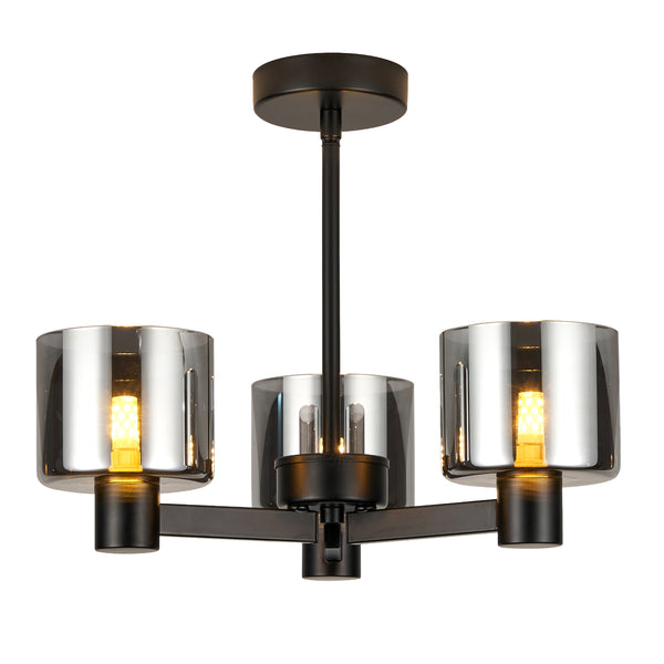 3 Lights Semi Flush Ceiling Lamp with Smoked Glass Shades, Matt Black