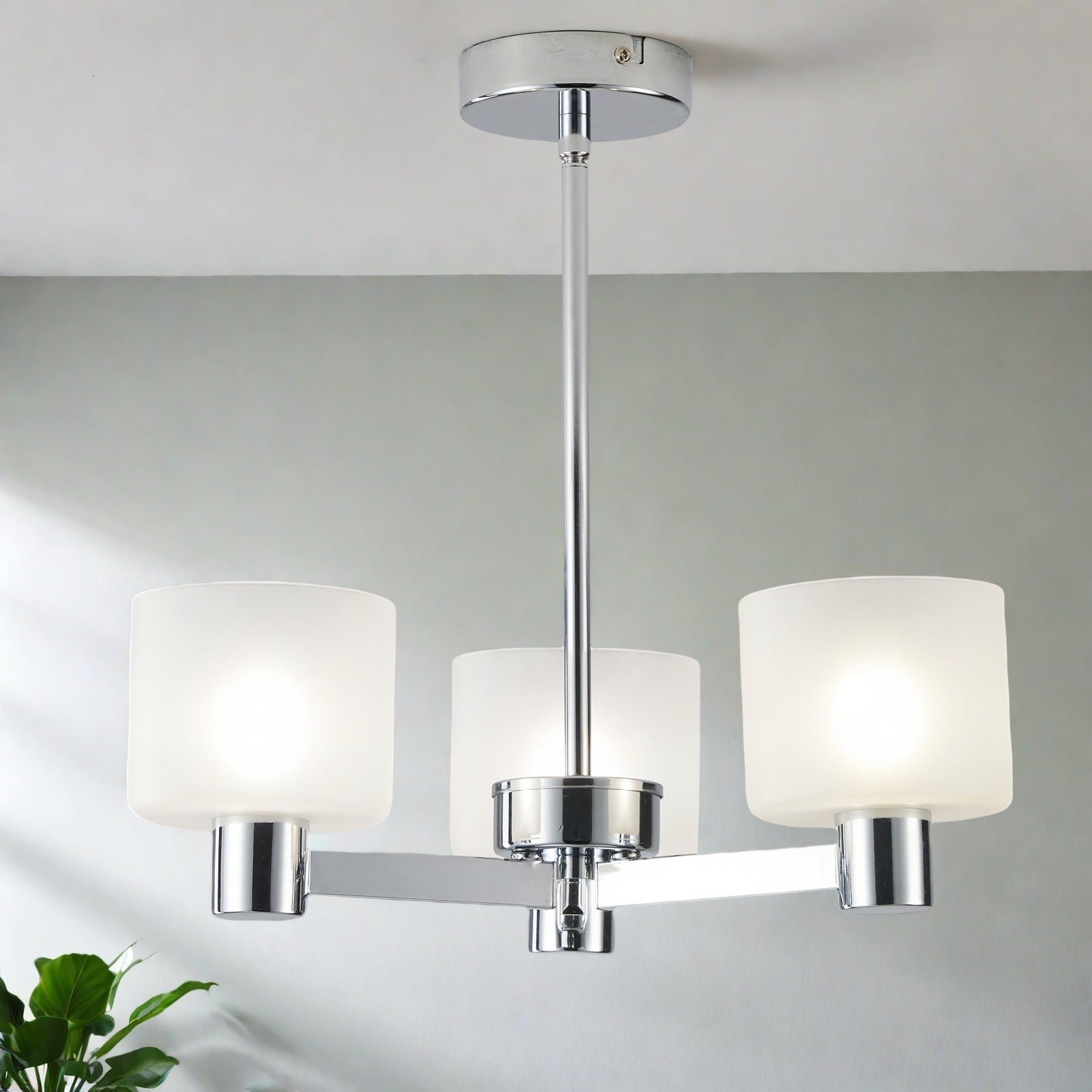 3 Lights Semi Flush Ceiling Lamp with Frosted Glass Shades, Chrome Finish
