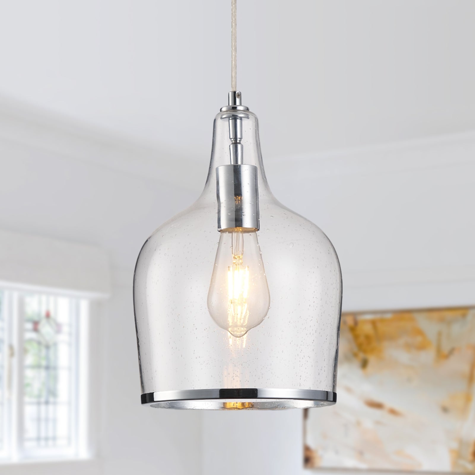 Pendant Ceiling Light, Chrome Glass Pendant Lamp with Bubbles Glass Shade, Adjustable