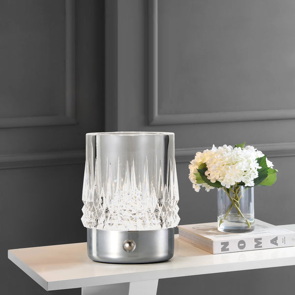 HARPER LIVING Rechargeable Table Lamp, Small Battery Operated Desk Lamp, Cylindrical Shade, Chrome Finish