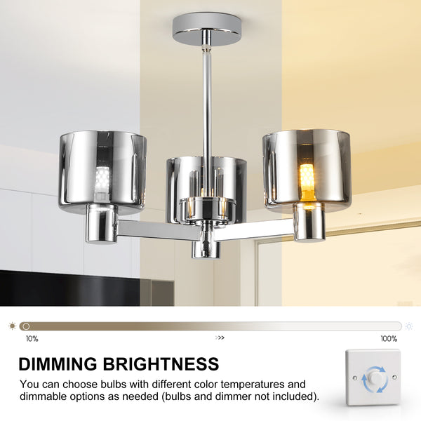 3 Lights Semi Flush Ceiling Lamp with Smoked Glass Shades, Chrome Finish