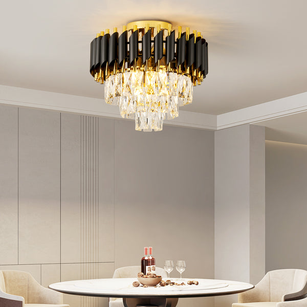 HARPER LIVING Crystal Ceiling Light, Modern Chandelier Lighting with 3 Tiers Crystals, Black & Gold Finish, Semi Flush