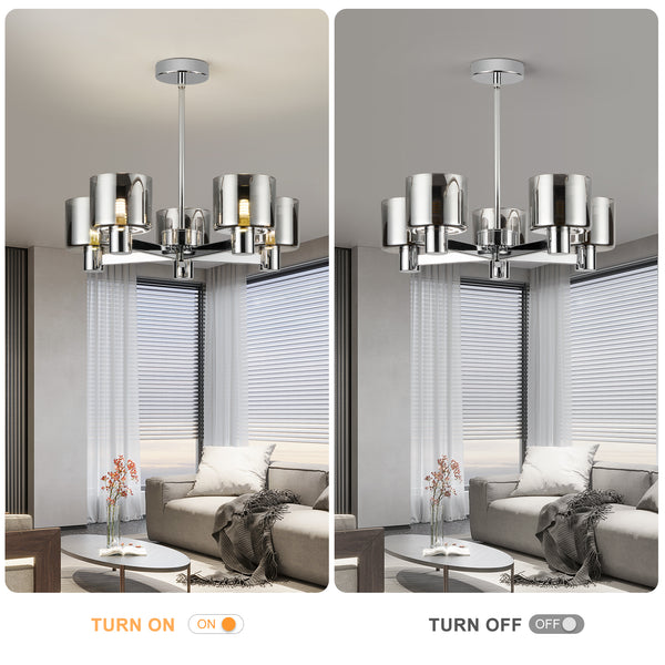 Modern 5 Lights Chandelier Ceiling Light, Chrome Semi Flush Ceiling Lamp with Smoked Glass Shades, 5xG9 Ceiling Lighting