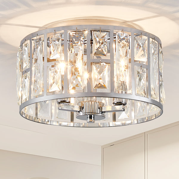 HARPER LIVING 3-Light Flush Ceiling Lights, Crystal Ceiling Lamp Chrome Finish, 30cm Modern Chandelier Lighting
