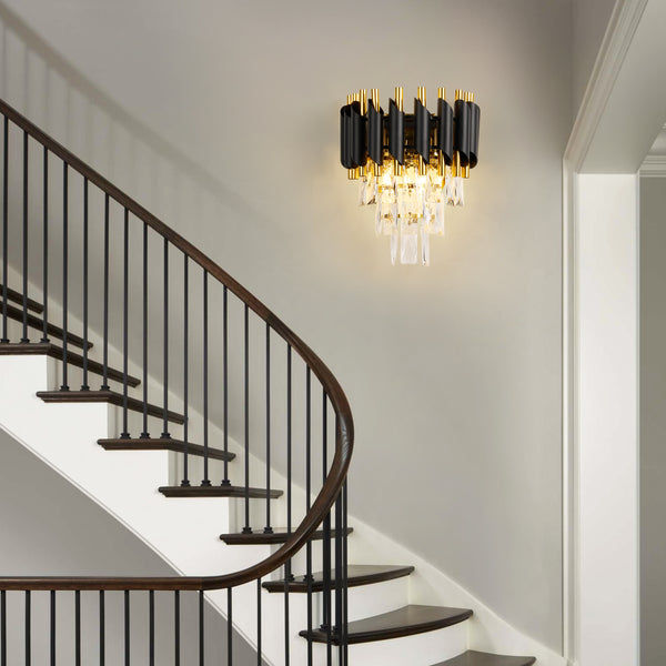 HARPER LIVING Crystal Wall Light, Modern Wall Lamp Indoor with 3 Tiers Crystals, Black & Gold Finish Crystal Wall Sconce