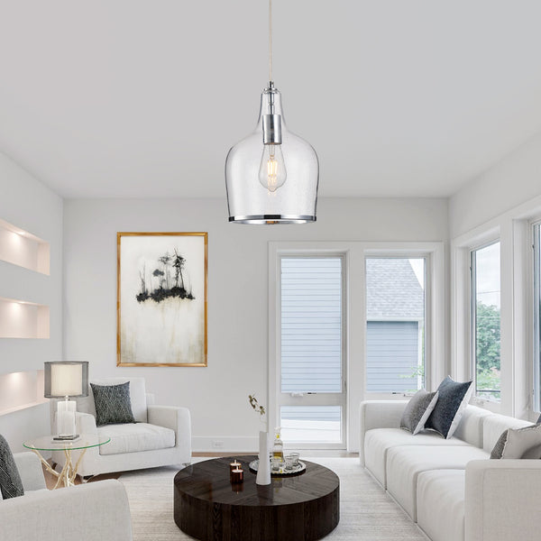 Pendant Ceiling Light, Chrome Glass Pendant Lamp with Bubbles Glass Shade, Adjustable