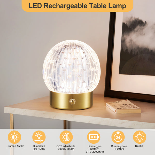 HARPER LIVING Rechargeable Table Lamp, Small Battery Operated Desk Lamp, Globe Shade, Gold Finish