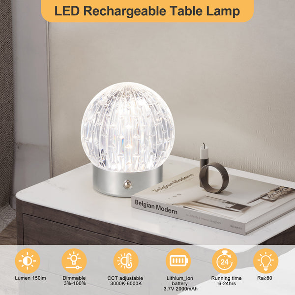 HARPER LIVING Rechargeable Table Lamp, Small Battery Operated Desk Lamp, Globe Shade, Chrome Finish