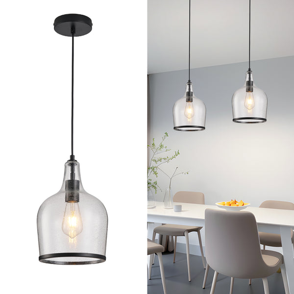 HARPER LIVING Pendant Ceiling Light, Matt Black Glass Pendant Lamp with Bubbles Glass Shade, Adjustable Drop (45-150cm)