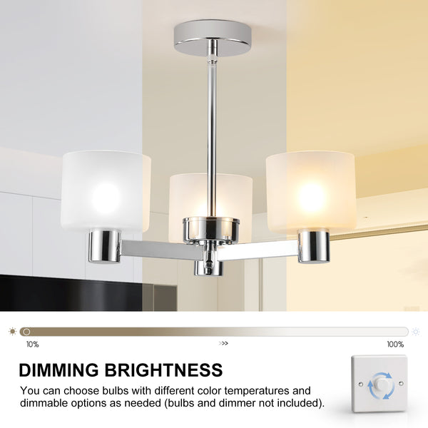 3 Lights Semi Flush Ceiling Lamp with Frosted Glass Shades, Chrome Finish